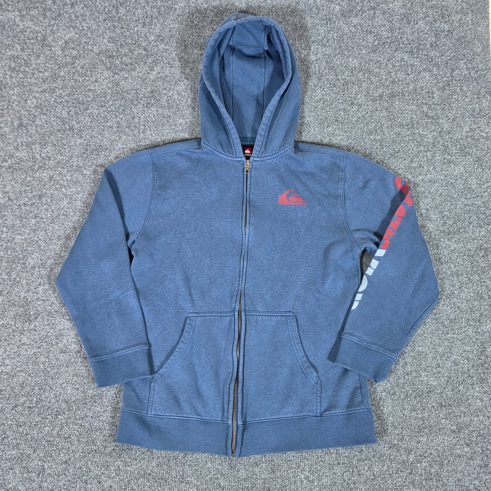 Y2K Quiksilver Mens Blue Full Zip Hoodie Graphic Sleeve Logo Sweatshirt Size M
